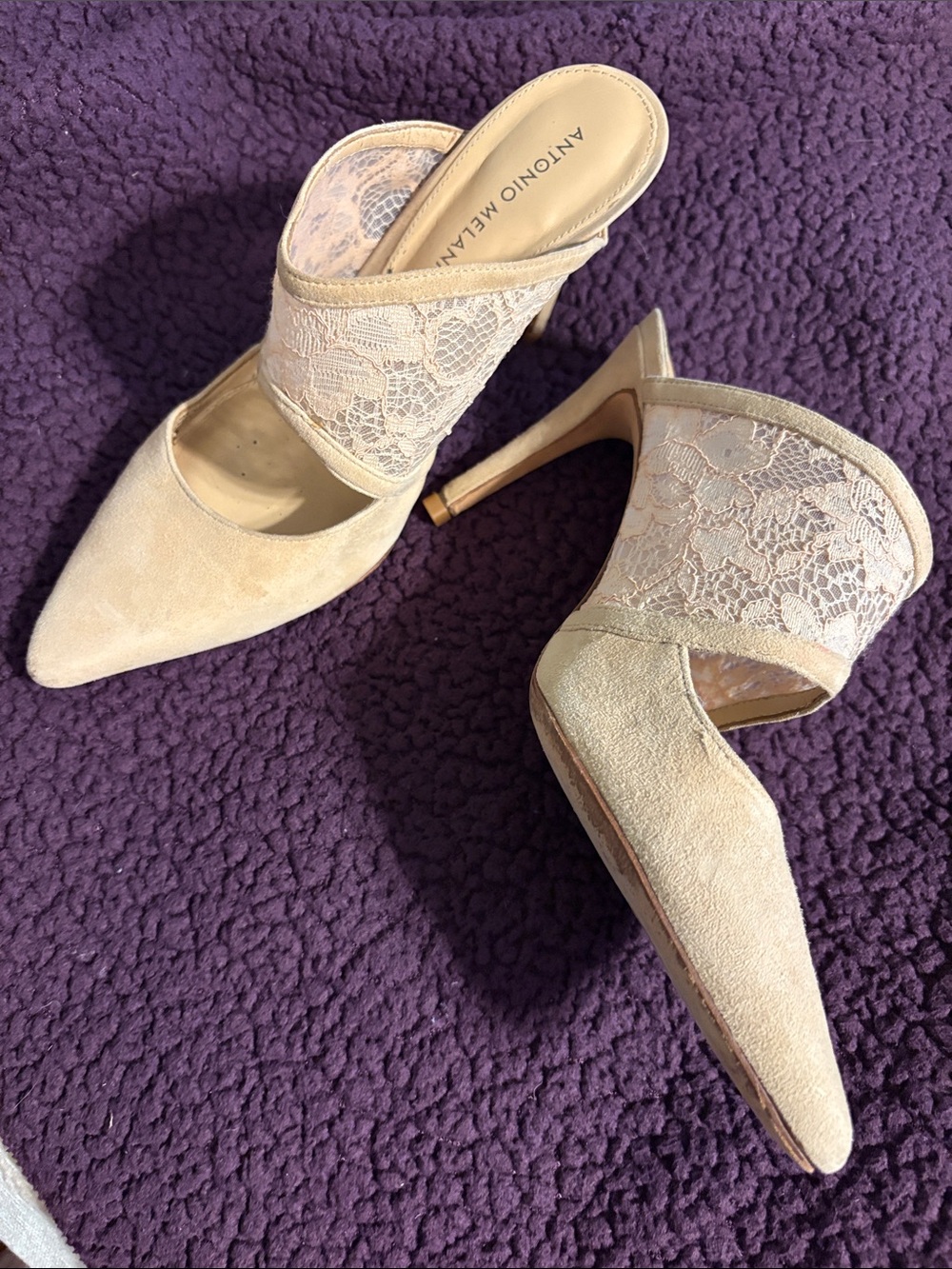 ANTONIO MELANI Cream Lace & Suede Pointed-Toe Mule Heels